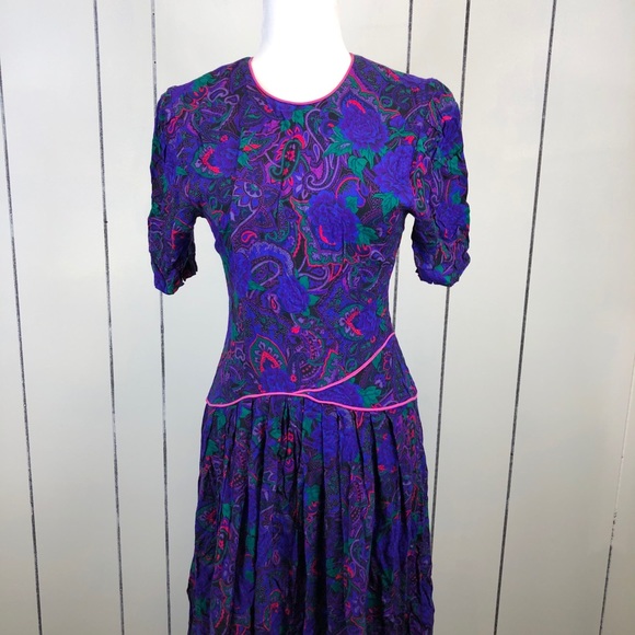 Vintage 1980s Purple Paisley Dress Sz 4 - Picture 3 of 16